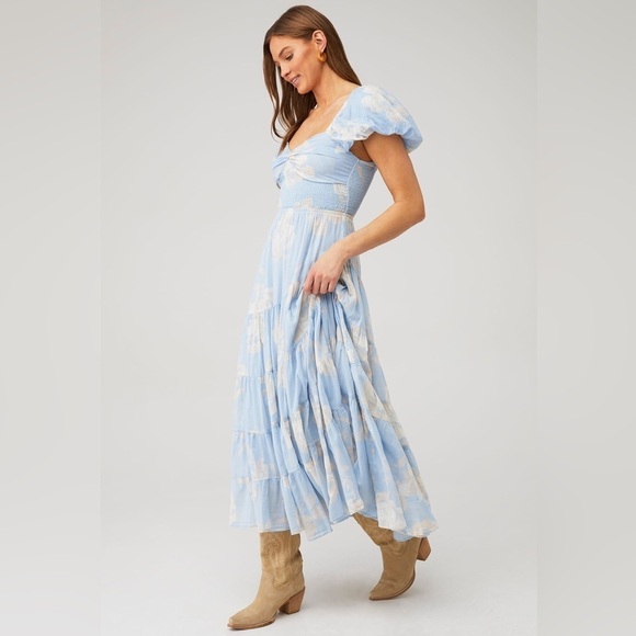 Free People Sundrenched Short-Sleeve Floral Maxi Dress Sky Blue Puff Sleeve - Picture 2 of 16